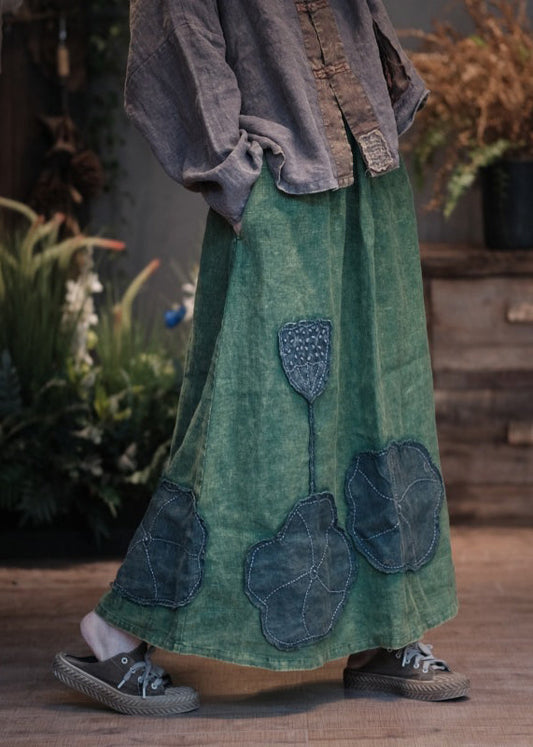 Green Pockets Patch Patchwork Linen Skirt Spring