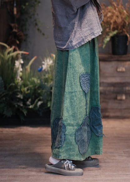 Green Pockets Patch Patchwork Linen Skirt Spring