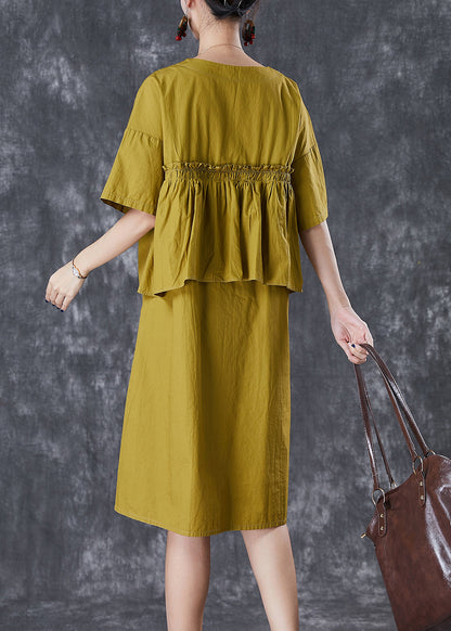 Green Ruffled Patchwork Cotton Fake Two Piece Dress Fall