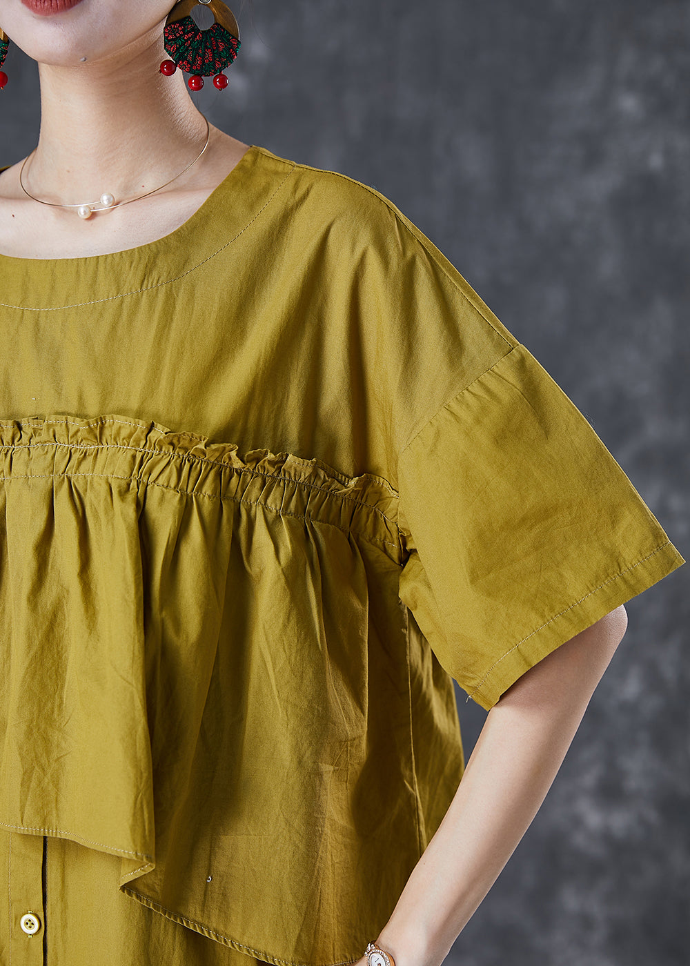Green Ruffled Patchwork Cotton Fake Two Piece Dress Fall