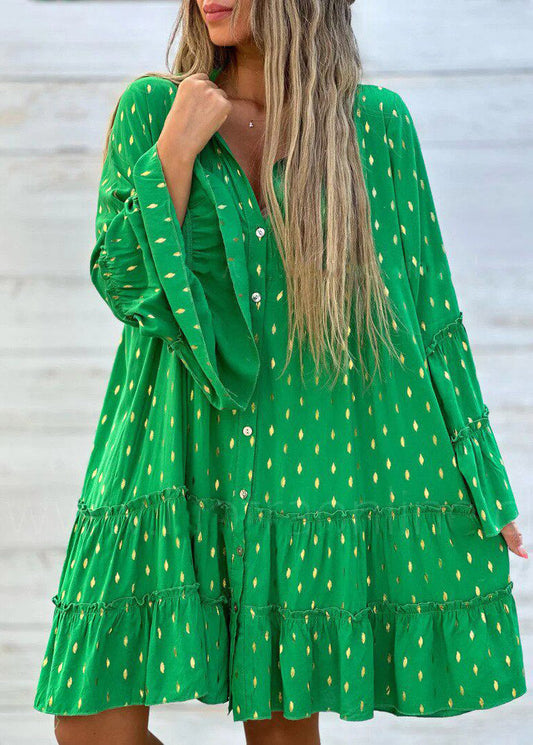 Green Ruffled Patchwork Mid Dress Flare Sleeve
