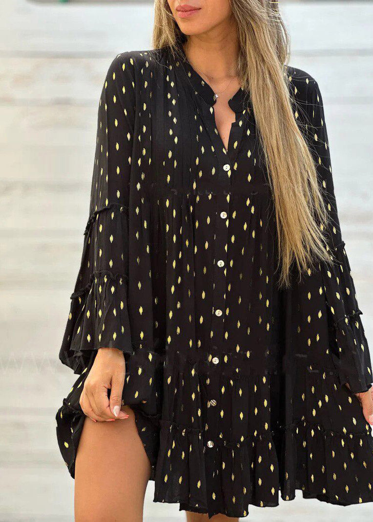 Green Ruffled Patchwork Mid Dress Flare Sleeve