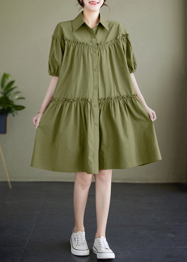 Green Ruffled Patchwork Wrinkled Cotton Mid Dress Summer