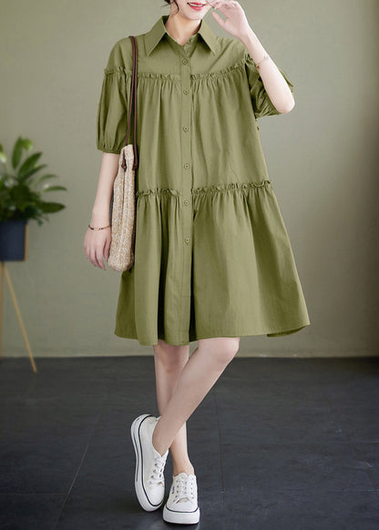 Green Ruffled Patchwork Wrinkled Cotton Mid Dress Summer