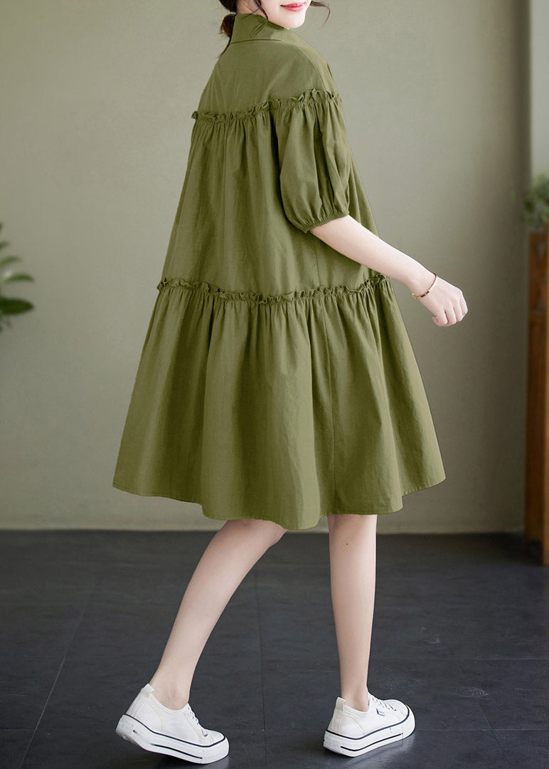 Green Ruffled Patchwork Wrinkled Cotton Mid Dress Summer