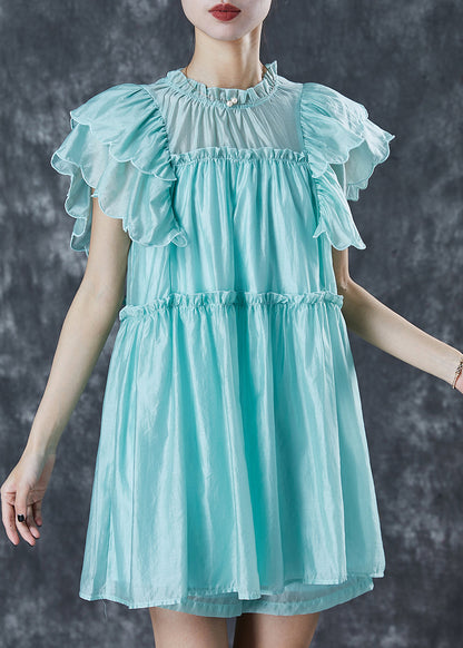 Green Ruffled Silk Beach Dress Butterfly Sleeve