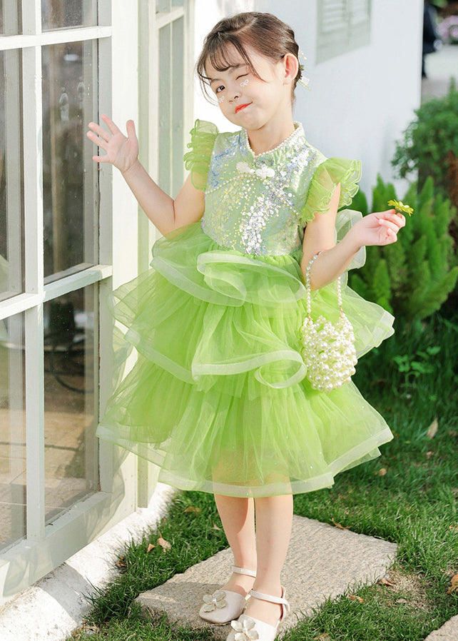 Green Sequins Chinese Button Tulle Kids Dresses Butterfly Sleeve