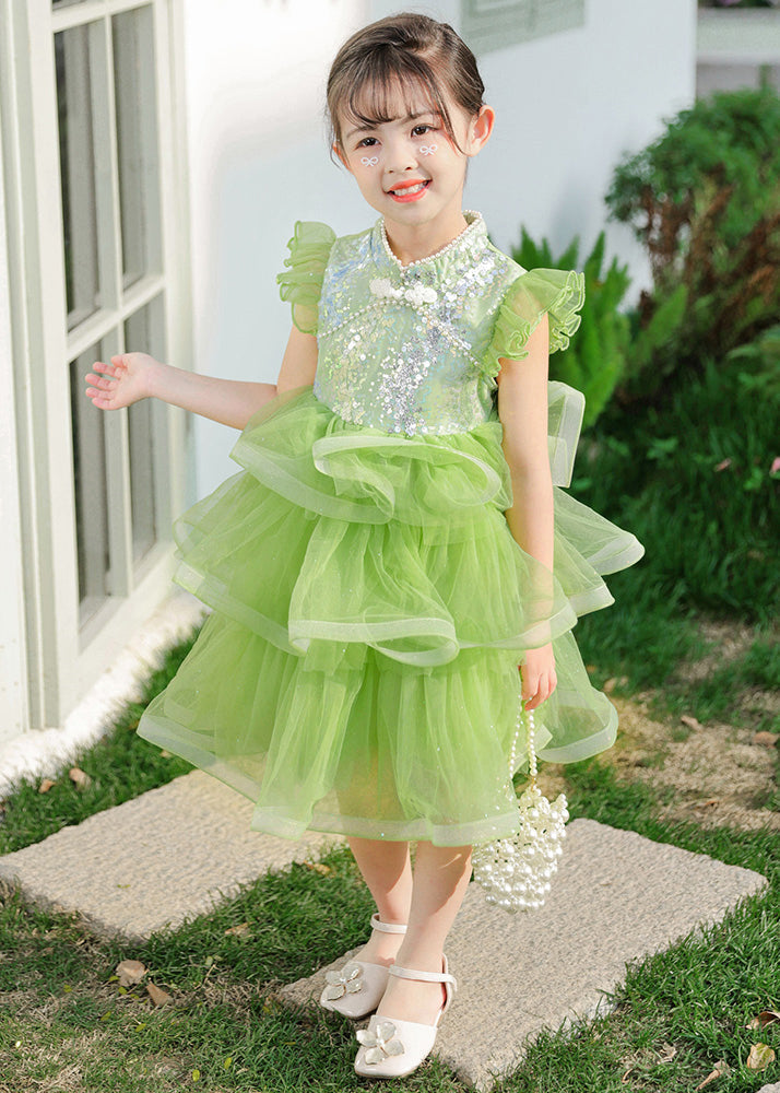 Green Sequins Chinese Button Tulle Kids Dresses Butterfly Sleeve