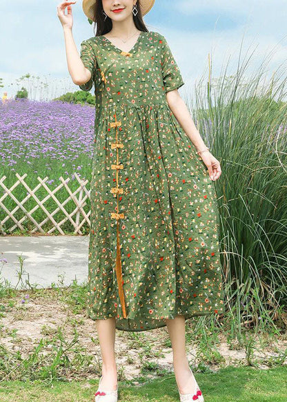 Green Stand Collar Chinese Button Print Linen Dress Summer