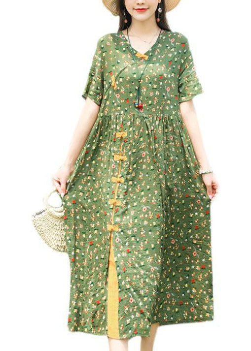 Green Stand Collar Chinese Button Print Linen Dress Summer