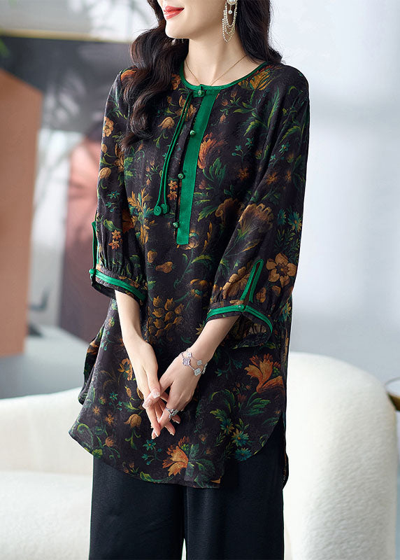 Green Tasseled Print Button Patchwork Silk Top Summer