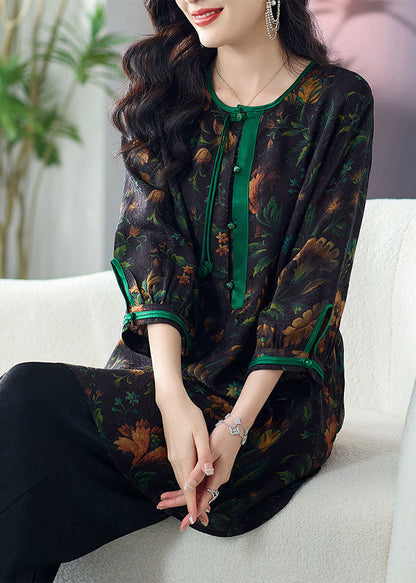 Green Tasseled Print Button Patchwork Silk Top Summer