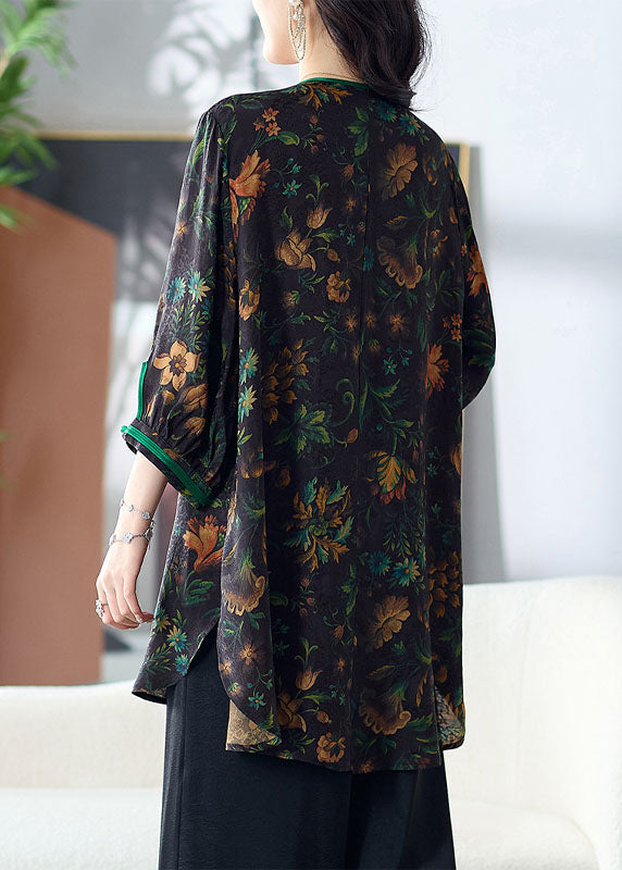Green Tasseled Print Button Patchwork Silk Top Summer