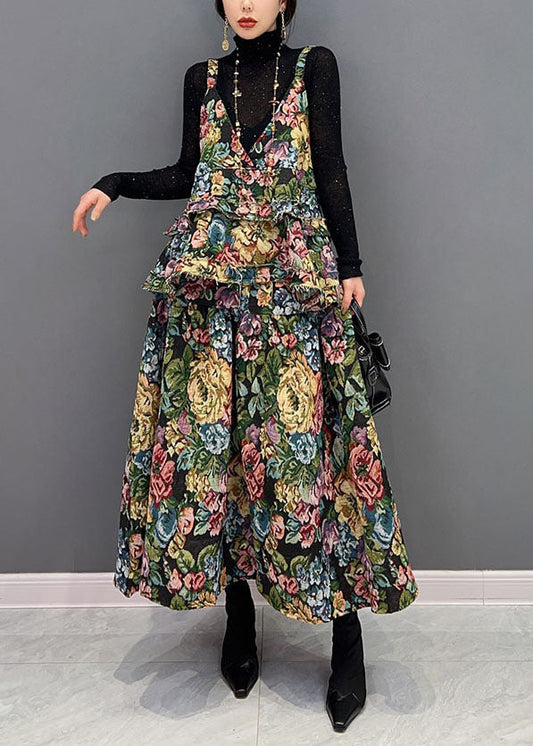 Green V-neck Print Ruffles Cotton Dresses Two Pieces Set Winter