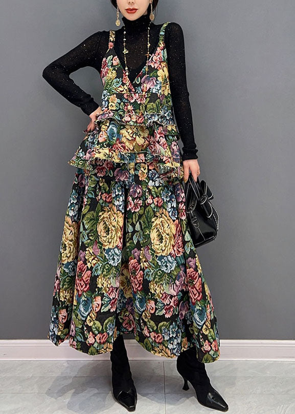 Green V-neck Print Ruffles Cotton Dresses Two Pieces Set Winter
