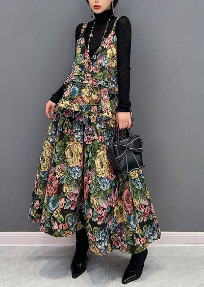 Green V-neck Print Ruffles Cotton Dresses Two Pieces Set Winter