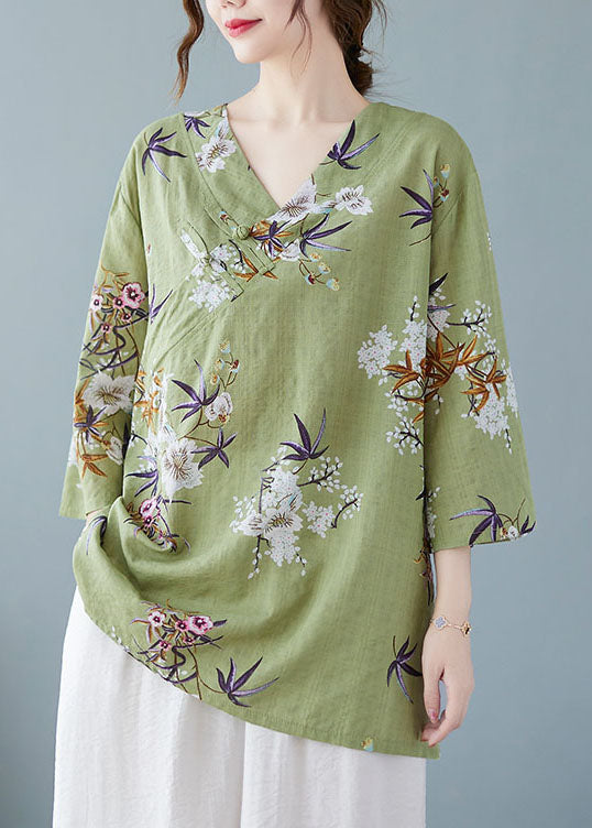 Green V Neck Print Cotton Shirt Tops Bracelet Sleeve