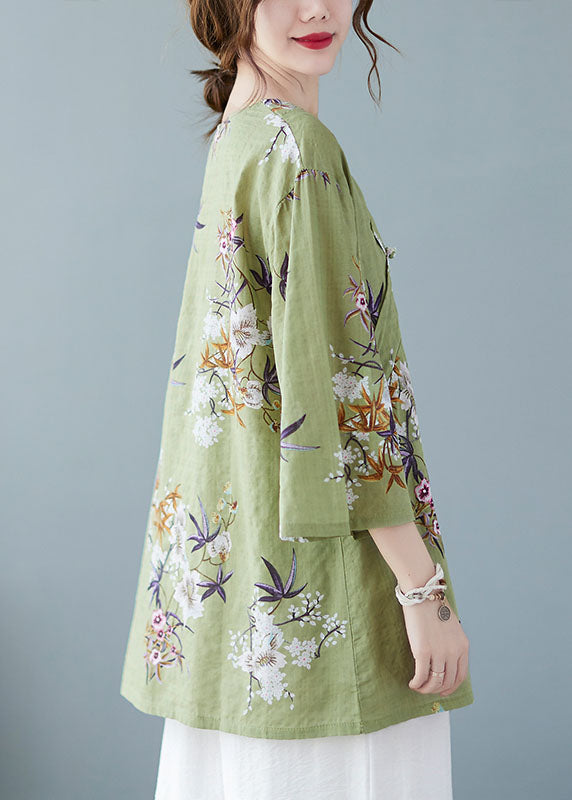 Green V Neck Print Cotton Shirt Tops Bracelet Sleeve