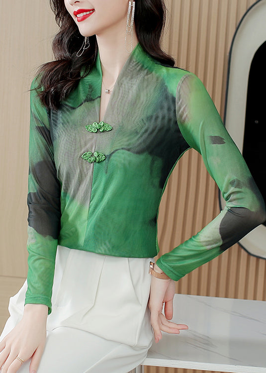 Green V Neck Tie Dye Chinese Button Tulle Blouse Tops Spring