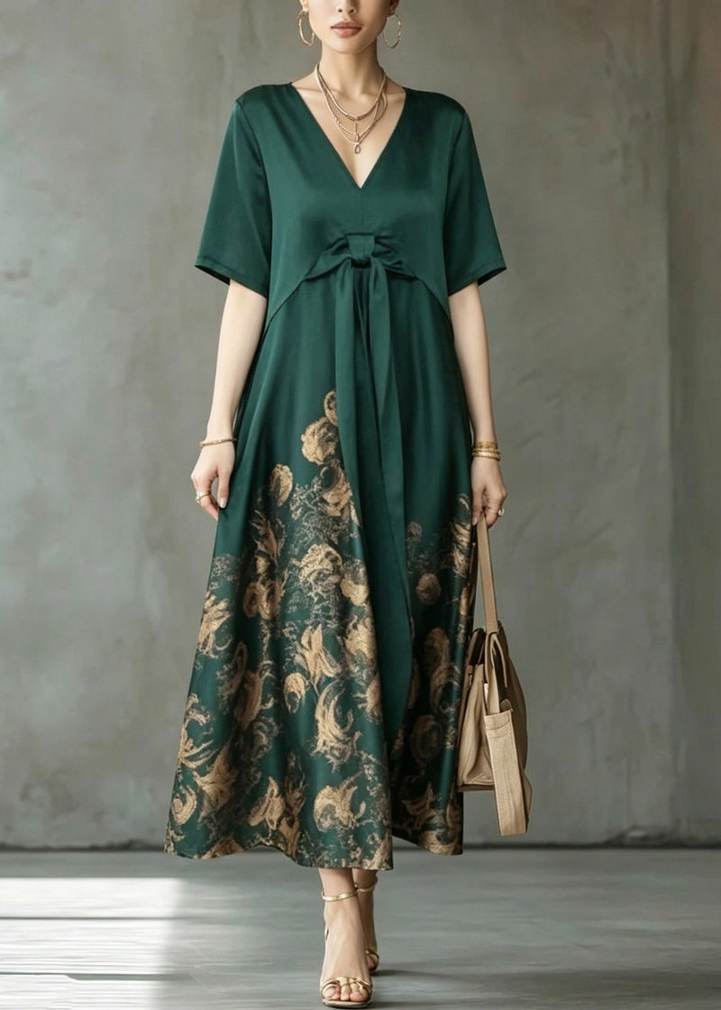 Green Wrinkled Patchwork Maxi Dress Short Sleeve