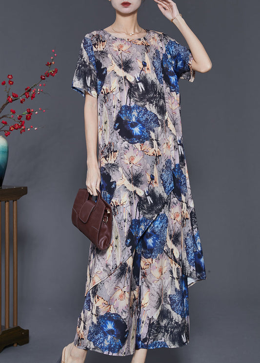 Grey Asymmetrical Print Chiffon 2 Piece Outfit Summer