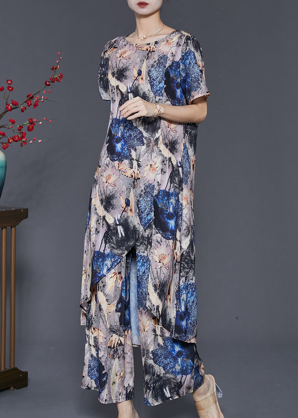 Grey Asymmetrical Print Chiffon 2 Piece Outfit Summer