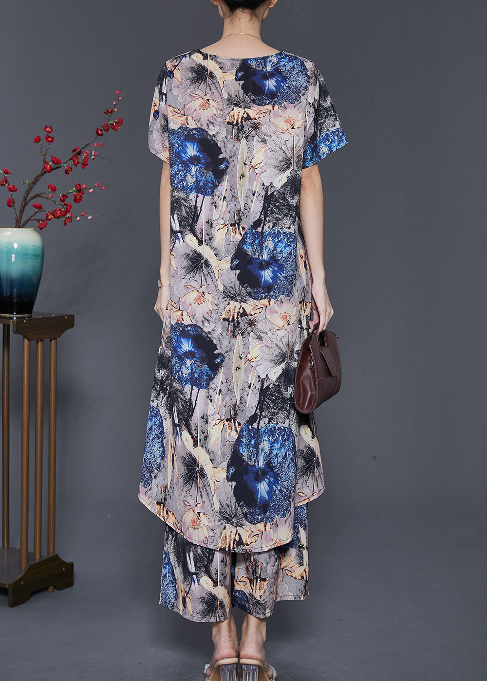 Grey Asymmetrical Print Chiffon 2 Piece Outfit Summer