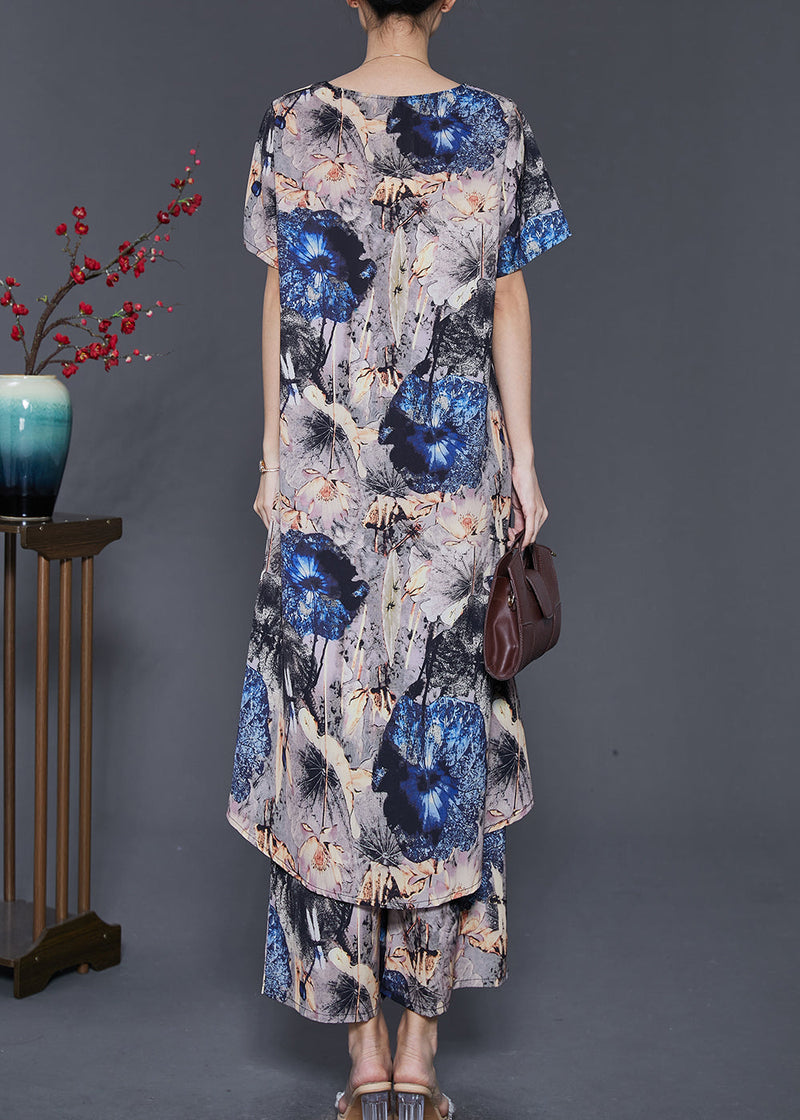 Grey Asymmetrical Print Chiffon 2 Piece Outfit Summer