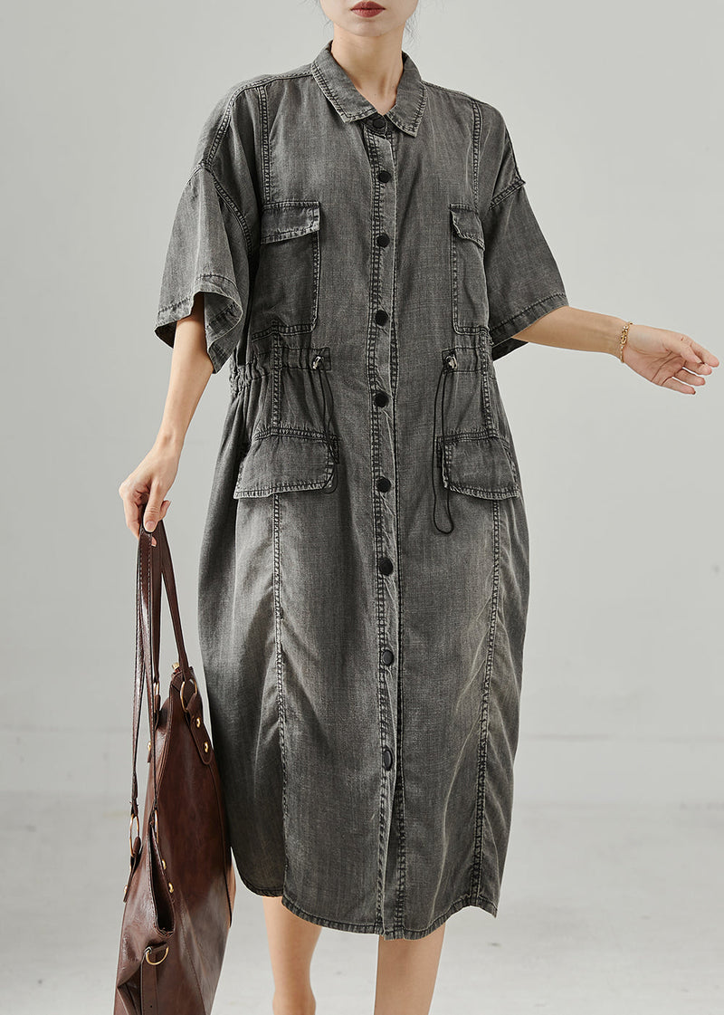 Grey Cinched Denim Holiday Dress Summer