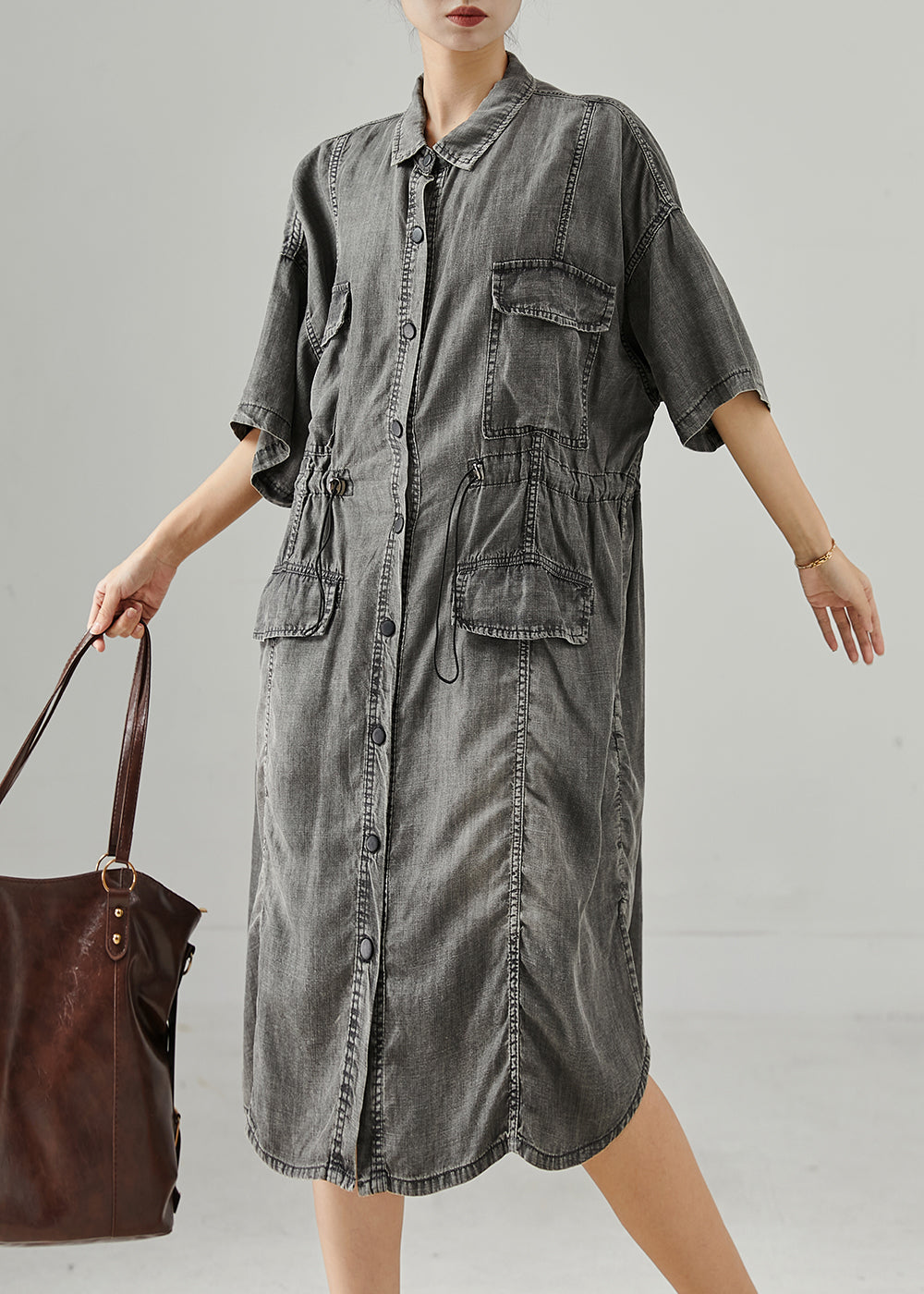 Grey Cinched Denim Holiday Dress Summer