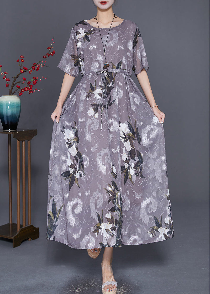 Grey Cinched Print Chiffon Long Dresses Summer