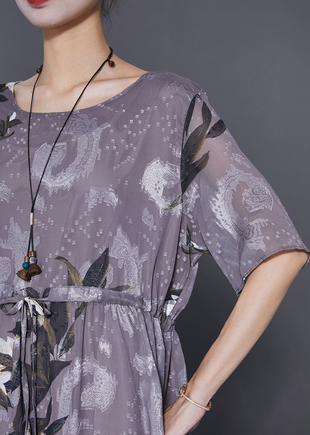 Grey Cinched Print Chiffon Long Dresses Summer