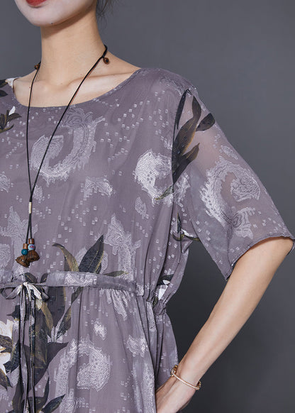 Grey Cinched Print Chiffon Long Dresses Summer