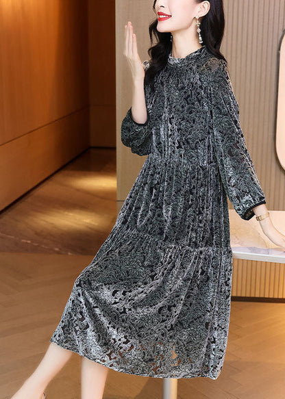 Grey O-neck Patchwork Print Silk Velour Maxi Dress Spring