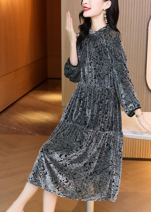 Grey O-neck Patchwork Print Silk Velour Maxi Dress Spring