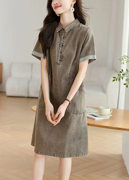 Grey Peter Pan Collar Pockets Denim Day Dresses Summer
