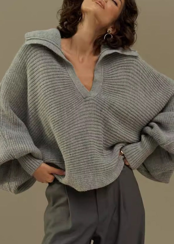 Grey Peter Pan Collar Thick Cotton Knit Sweaters Fall