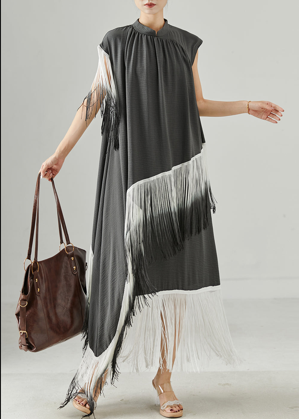 Grey Tasseled Patchwork Asymmetrical Design Robe Dresses
