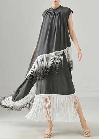 Grey Tasseled Patchwork Asymmetrical Design Robe Dresses