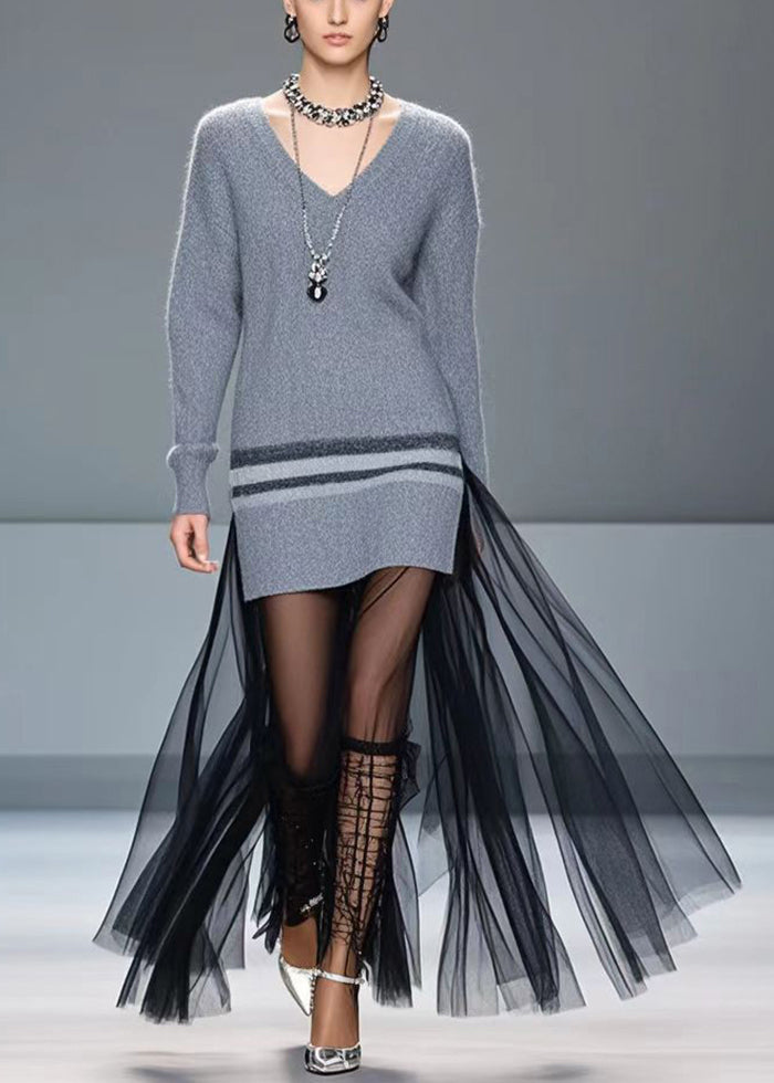 Grey V Neck Patchwork Tulle Knitted Dress Winter