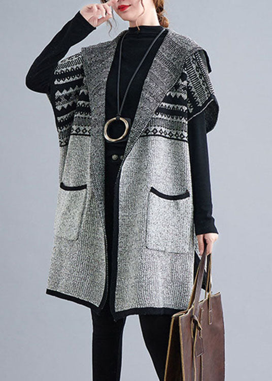 Grey Hooded Short Sleeve Pockets Loose Fall Knit Sweater Cardigans