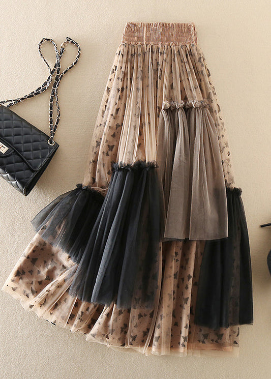 Khaki Asymmetrical Print Tulle Skirts Spring