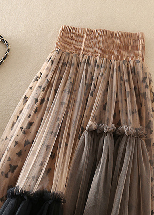 Khaki Asymmetrical Print Tulle Skirts Spring