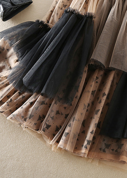 Khaki Asymmetrical Print Tulle Skirts Spring