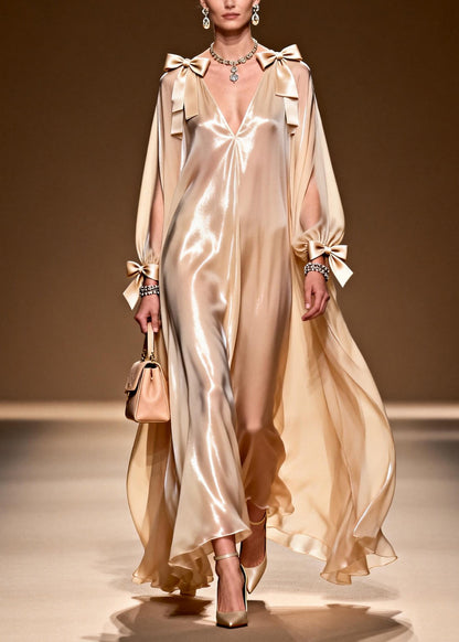 Khaki Bow Oversized Draping Chiffon Party Dresses Summer
