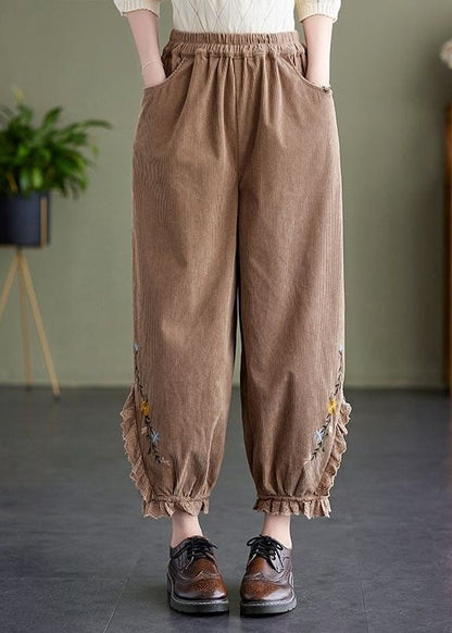 Khaki Embroidered Patchwork Lace Warm Fleece Corduroy Crop Pants Spring