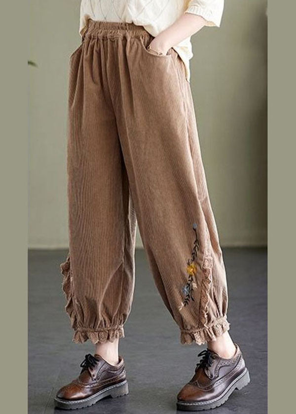 Khaki Embroidered Patchwork Lace Warm Fleece Corduroy Crop Pants Spring