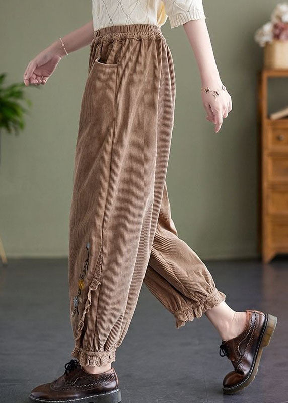 Khaki Embroidered Patchwork Lace Warm Fleece Corduroy Crop Pants Spring