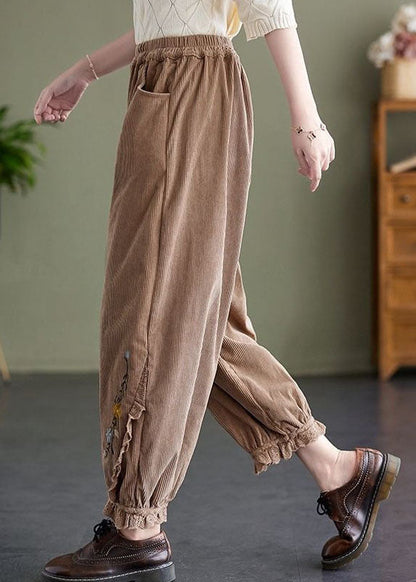 Khaki Embroidered Patchwork Lace Warm Fleece Corduroy Crop Pants Spring