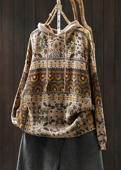 Khaki Hooded Print Cotton Knit Sweater Tops Spring